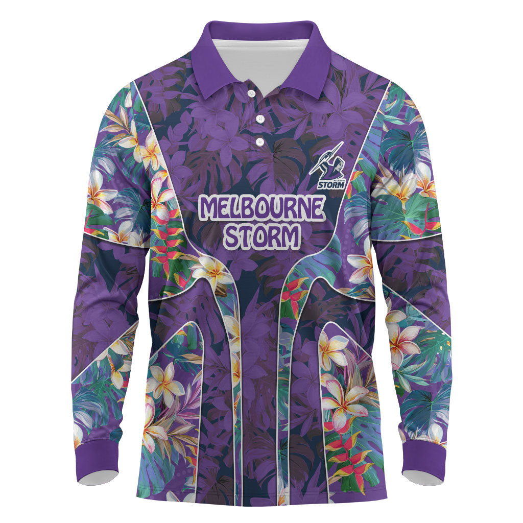 Melbourne Storm Long Sleeve Polo Shirt Tropical Hibiscus Floral Pattern With Purple And Blue Accents