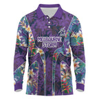 Melbourne Storm Long Sleeve Polo Shirt Tropical Hibiscus Floral Pattern With Purple And Blue Accents