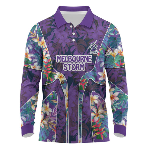 Melbourne Storm Long Sleeve Polo Shirt Tropical Hibiscus Floral Pattern With Purple And Blue Accents