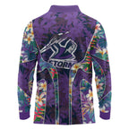 Melbourne Storm Long Sleeve Polo Shirt Tropical Hibiscus Floral Pattern With Purple And Blue Accents
