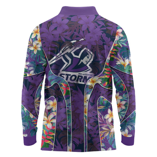 Melbourne Storm Long Sleeve Polo Shirt Tropical Hibiscus Floral Pattern With Purple And Blue Accents