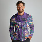 Melbourne Storm Long Sleeve Polo Shirt Tropical Hibiscus Floral Pattern With Purple And Blue Accents