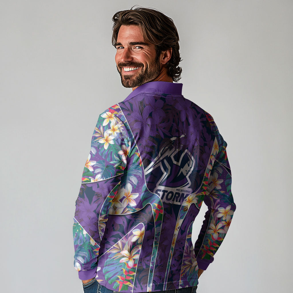 Melbourne Storm Long Sleeve Polo Shirt Tropical Hibiscus Floral Pattern With Purple And Blue Accents