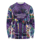 Melbourne Storm Long Sleeve Shirt Tropical Hibiscus Floral Pattern With Purple And Blue Accents