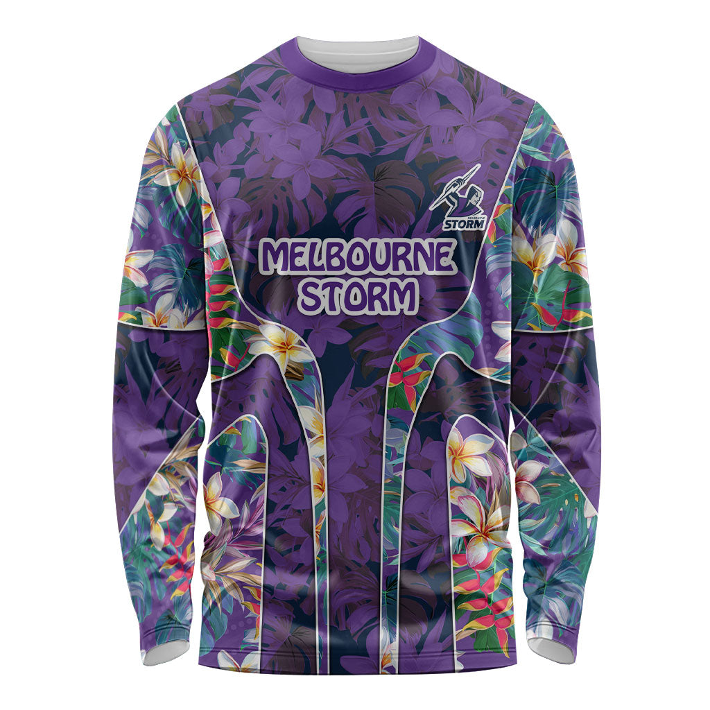 Melbourne Storm Long Sleeve Shirt Tropical Hibiscus Floral Pattern With Purple And Blue Accents