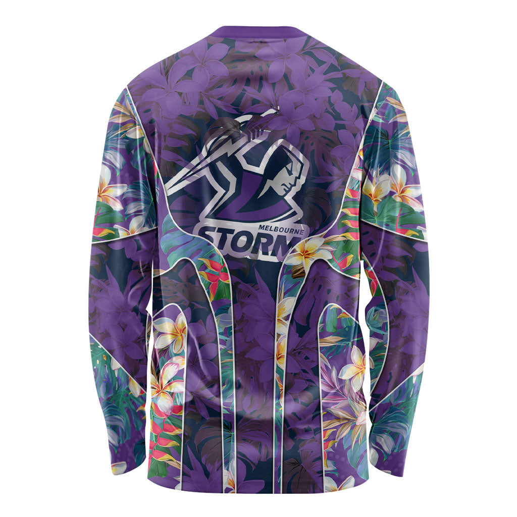 Melbourne Storm Long Sleeve Shirt Tropical Hibiscus Floral Pattern With Purple And Blue Accents