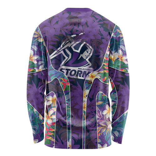 Melbourne Storm Long Sleeve Shirt Tropical Hibiscus Floral Pattern With Purple And Blue Accents
