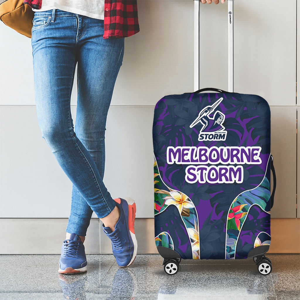 Melbourne Storm Luggage Cover Tropical Hibiscus Floral Pattern With Purple And Blue Accents