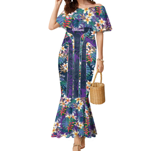 Melbourne Storm Mermaid Dress Tropical Hibiscus Floral Pattern With Purple And Blue Accents