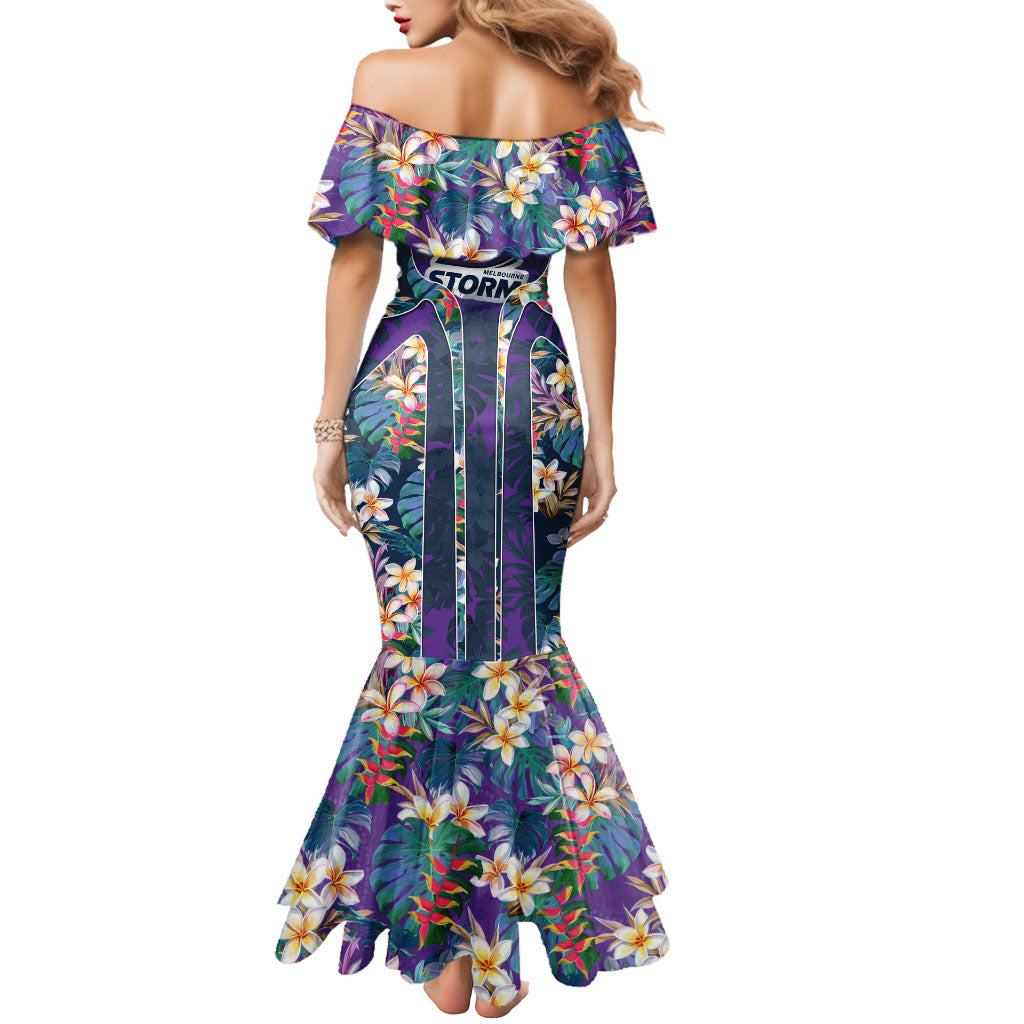 Melbourne Storm Mermaid Dress Tropical Hibiscus Floral Pattern With Purple And Blue Accents