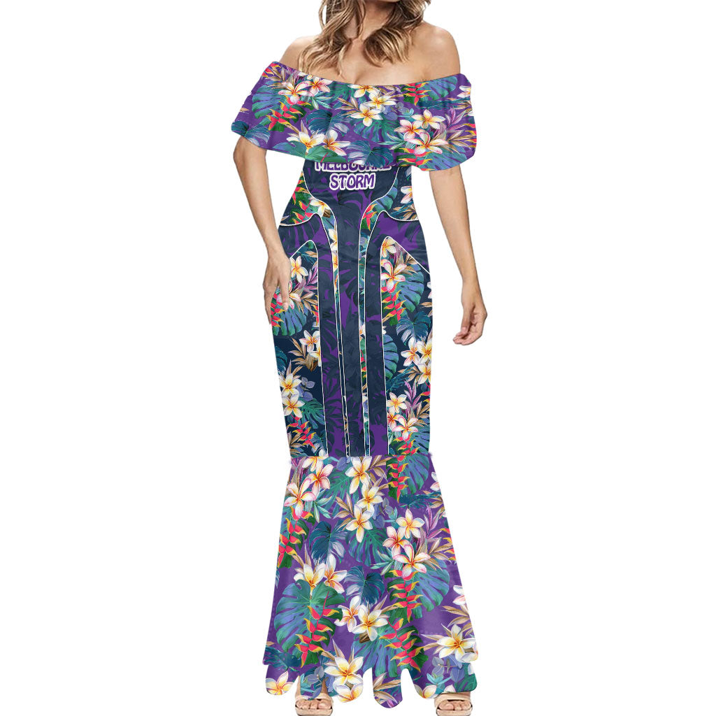 Melbourne Storm Mermaid Dress Tropical Hibiscus Floral Pattern With Purple And Blue Accents