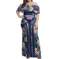 Melbourne Storm Off Shoulder Maxi Dress Tropical Hibiscus Floral Pattern With Purple And Blue Accents