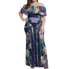 Melbourne Storm Off Shoulder Maxi Dress Tropical Hibiscus Floral Pattern With Purple And Blue Accents