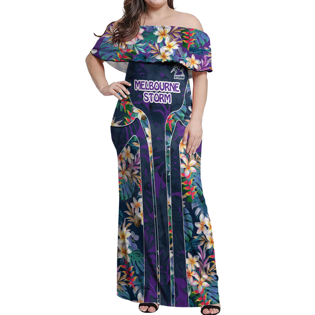 Melbourne Storm Off Shoulder Maxi Dress Tropical Hibiscus Floral Pattern With Purple And Blue Accents
