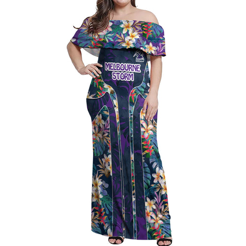 Melbourne Storm Off Shoulder Maxi Dress Tropical Hibiscus Floral Pattern With Purple And Blue Accents
