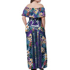 Melbourne Storm Off Shoulder Maxi Dress Tropical Hibiscus Floral Pattern With Purple And Blue Accents