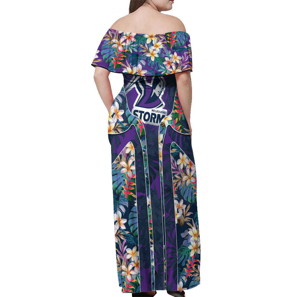 Melbourne Storm Off Shoulder Maxi Dress Tropical Hibiscus Floral Pattern With Purple And Blue Accents