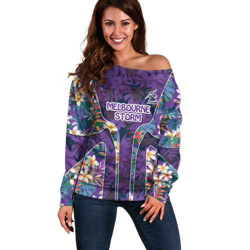 Melbourne Storm Off Shoulder Sweater Tropical Hibiscus Floral Pattern With Purple And Blue Accents