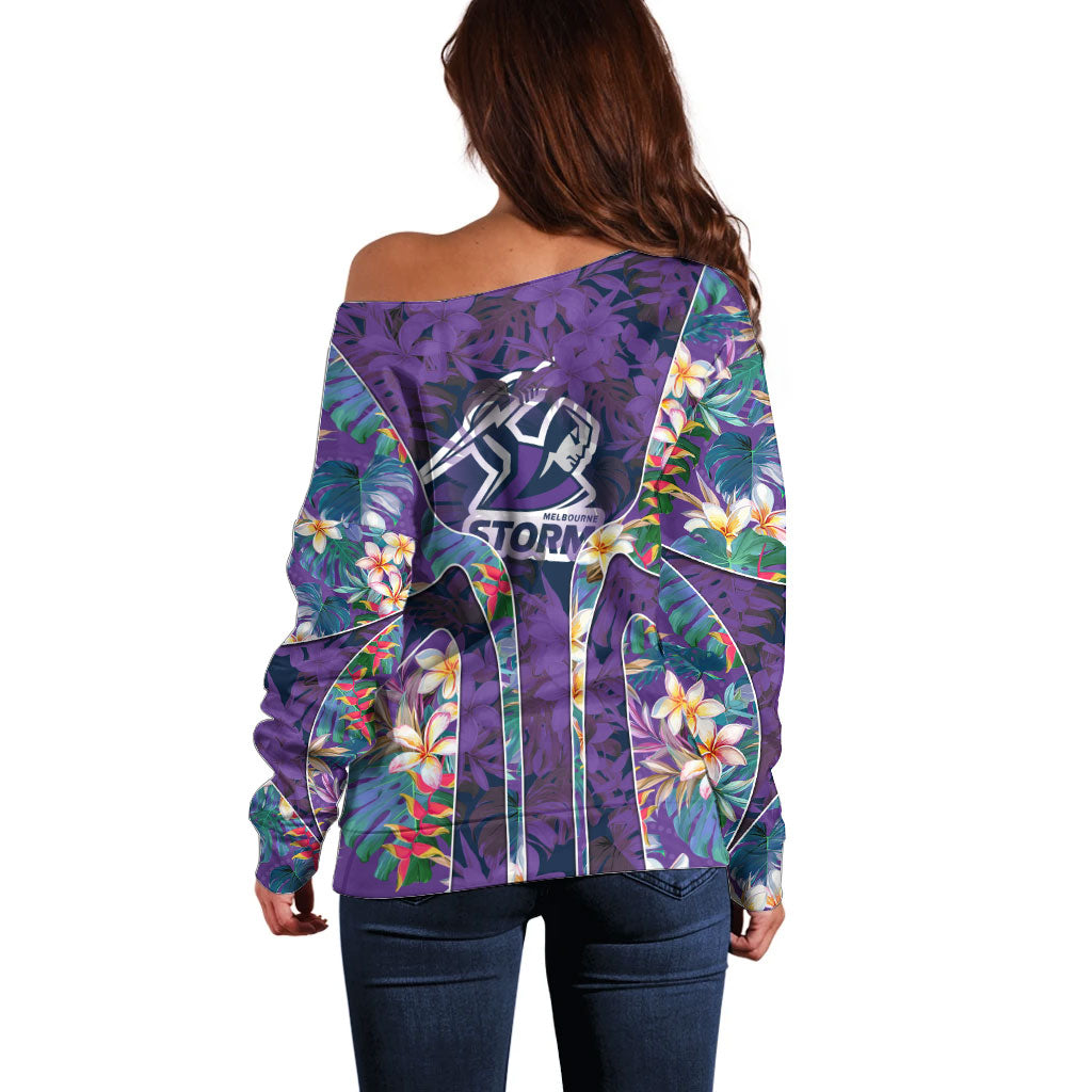 Melbourne Storm Off Shoulder Sweater Tropical Hibiscus Floral Pattern With Purple And Blue Accents