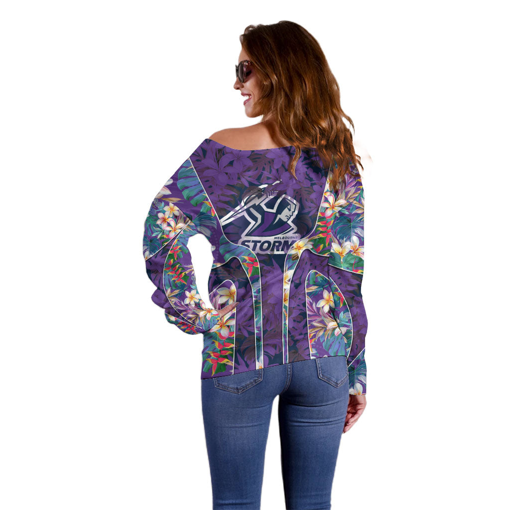 Melbourne Storm Off Shoulder Sweater Tropical Hibiscus Floral Pattern With Purple And Blue Accents
