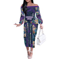 Melbourne Storm Off The Shoulder Long Sleeve Dress Tropical Hibiscus Floral Pattern With Purple And Blue Accents
