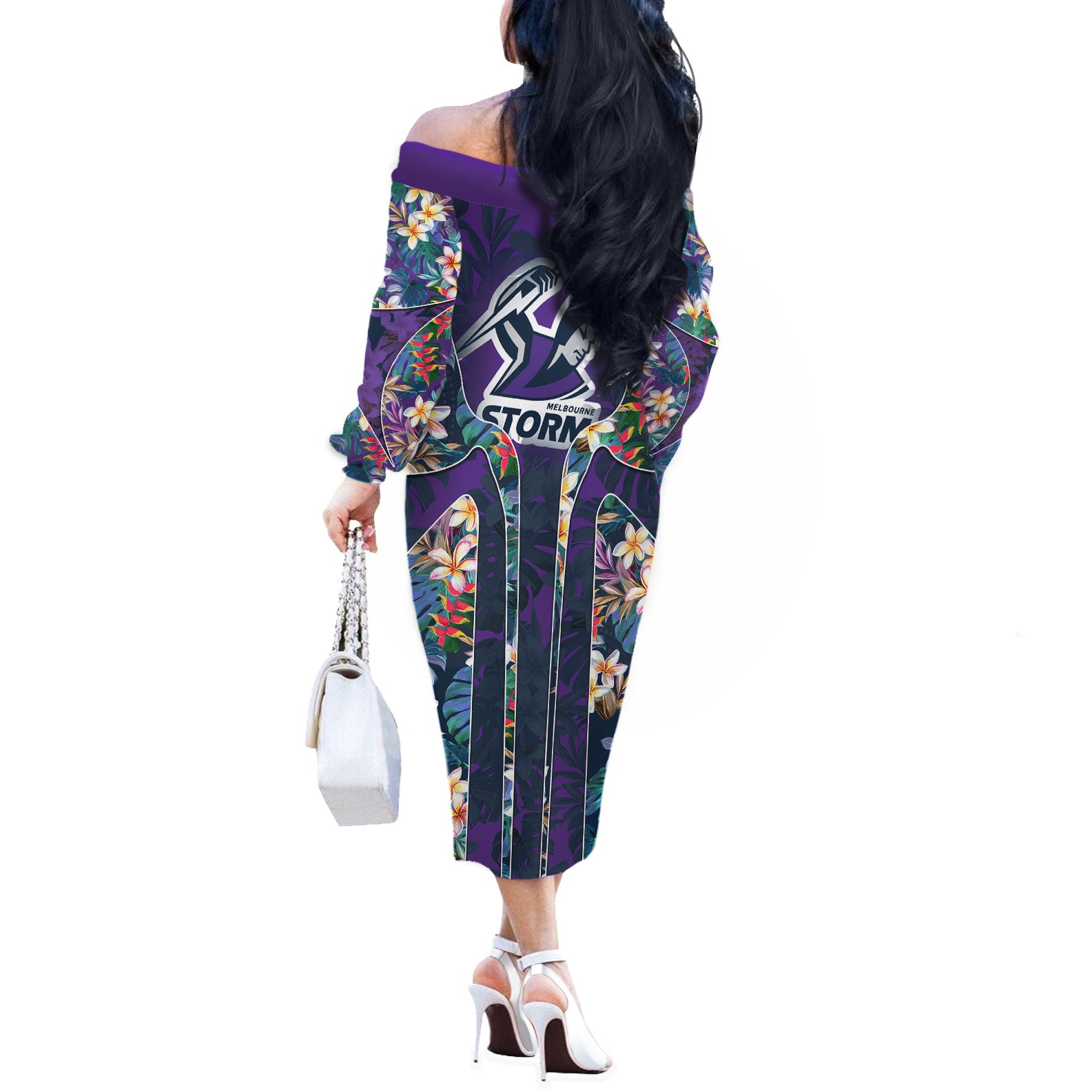 Melbourne Storm Off The Shoulder Long Sleeve Dress Tropical Hibiscus Floral Pattern With Purple And Blue Accents