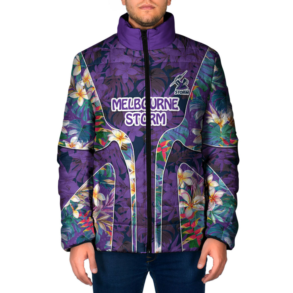 Melbourne Storm Padded Jacket Tropical Hibiscus Floral Pattern With Purple And Blue Accents