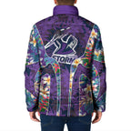 Melbourne Storm Padded Jacket Tropical Hibiscus Floral Pattern With Purple And Blue Accents