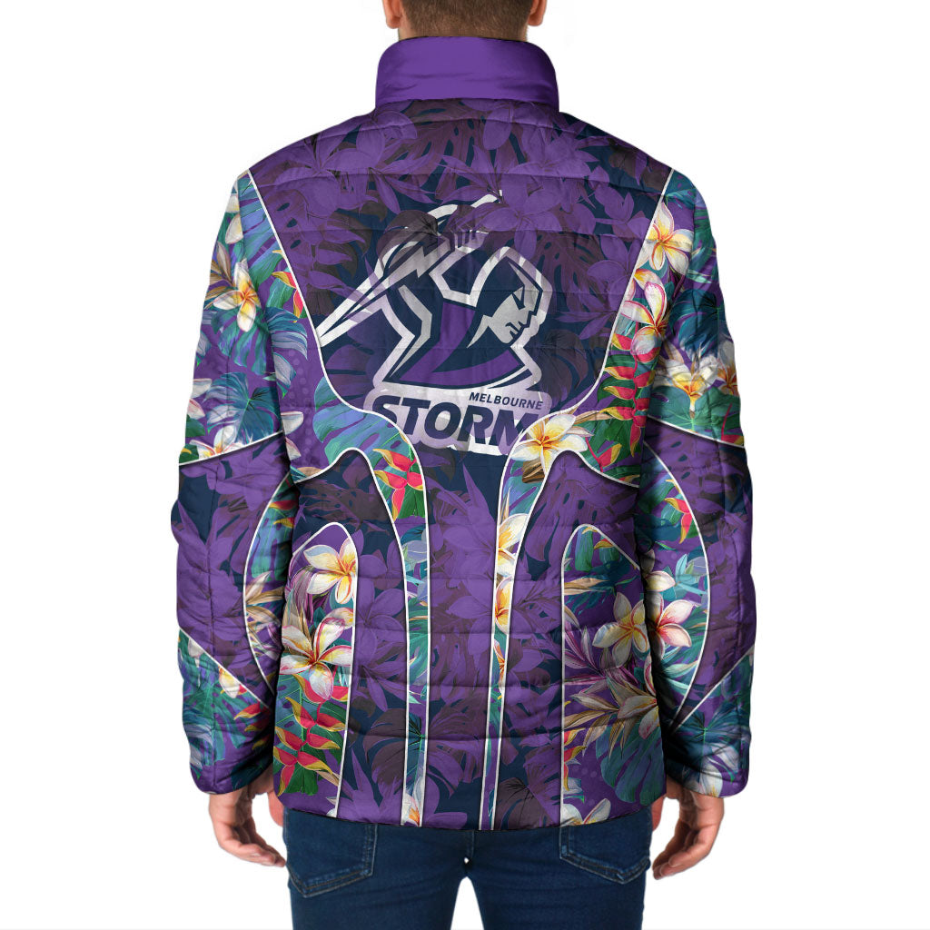Melbourne Storm Padded Jacket Tropical Hibiscus Floral Pattern With Purple And Blue Accents