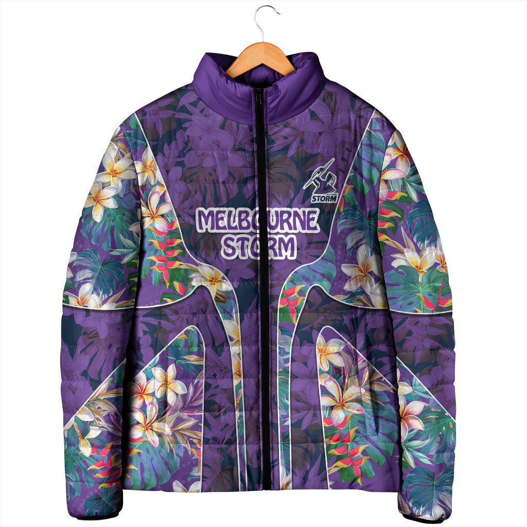Melbourne Storm Padded Jacket Tropical Hibiscus Floral Pattern With Purple And Blue Accents