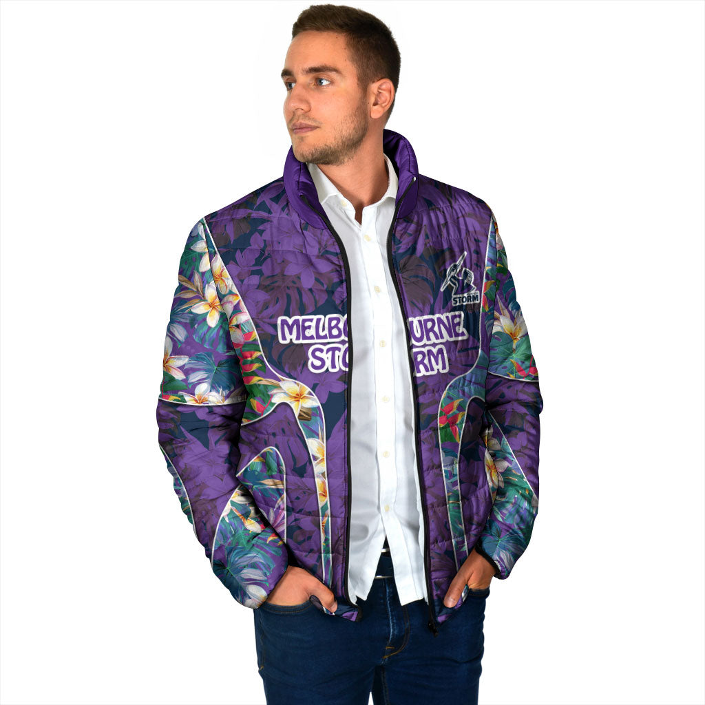 Melbourne Storm Padded Jacket Tropical Hibiscus Floral Pattern With Purple And Blue Accents