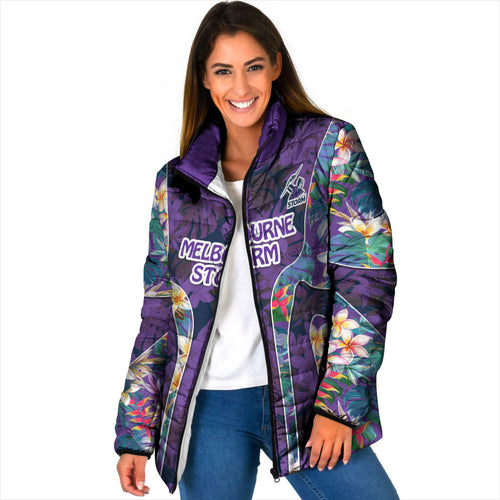 Melbourne Storm Padded Jacket Tropical Hibiscus Floral Pattern With Purple And Blue Accents