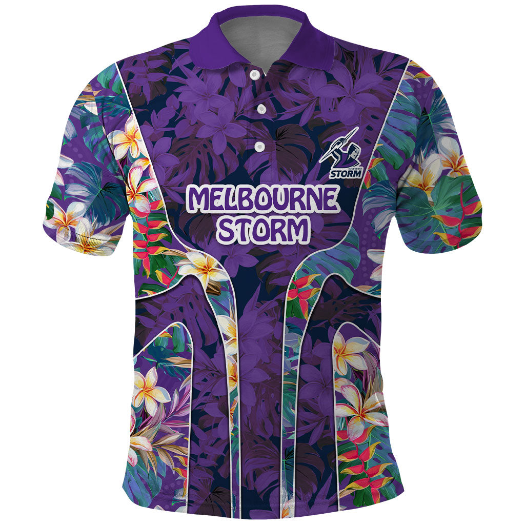 Melbourne Storm Polo Shirt Tropical Hibiscus Floral Pattern With Purple And Blue Accents
