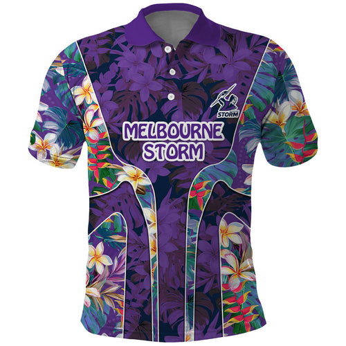 Melbourne Storm Polo Shirt Tropical Hibiscus Floral Pattern With Purple And Blue Accents