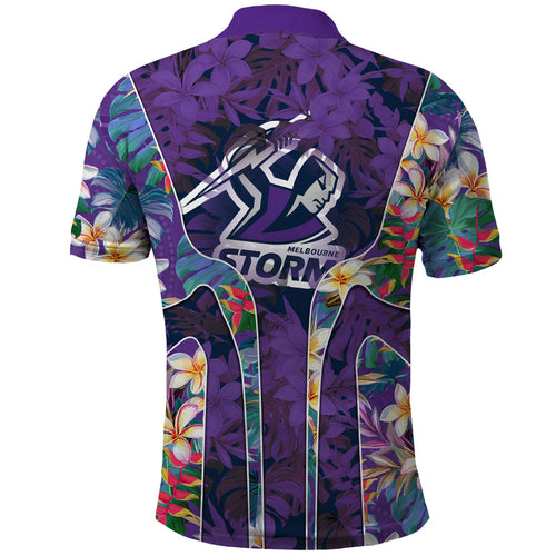 Melbourne Storm Polo Shirt Tropical Hibiscus Floral Pattern With Purple And Blue Accents