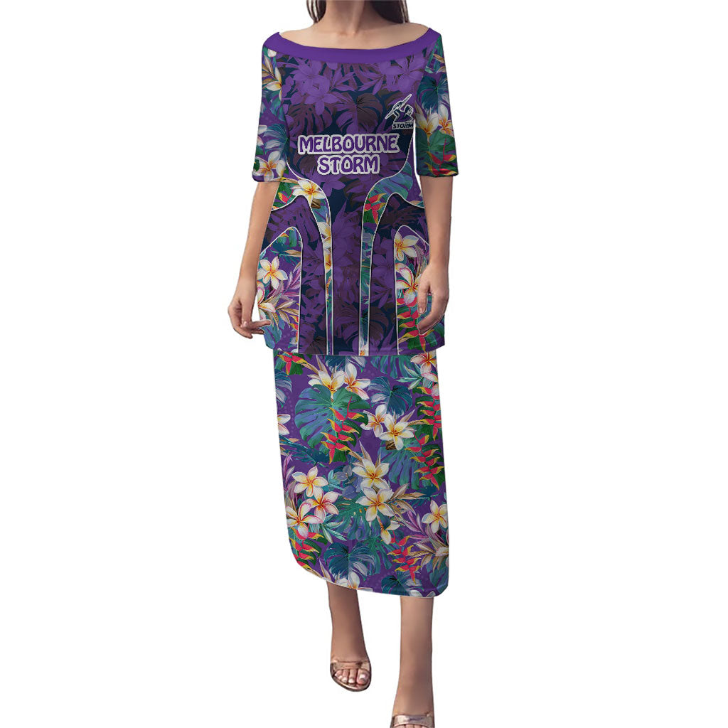 Melbourne Storm Puletasi Tropical Hibiscus Floral Pattern With Purple And Blue Accents