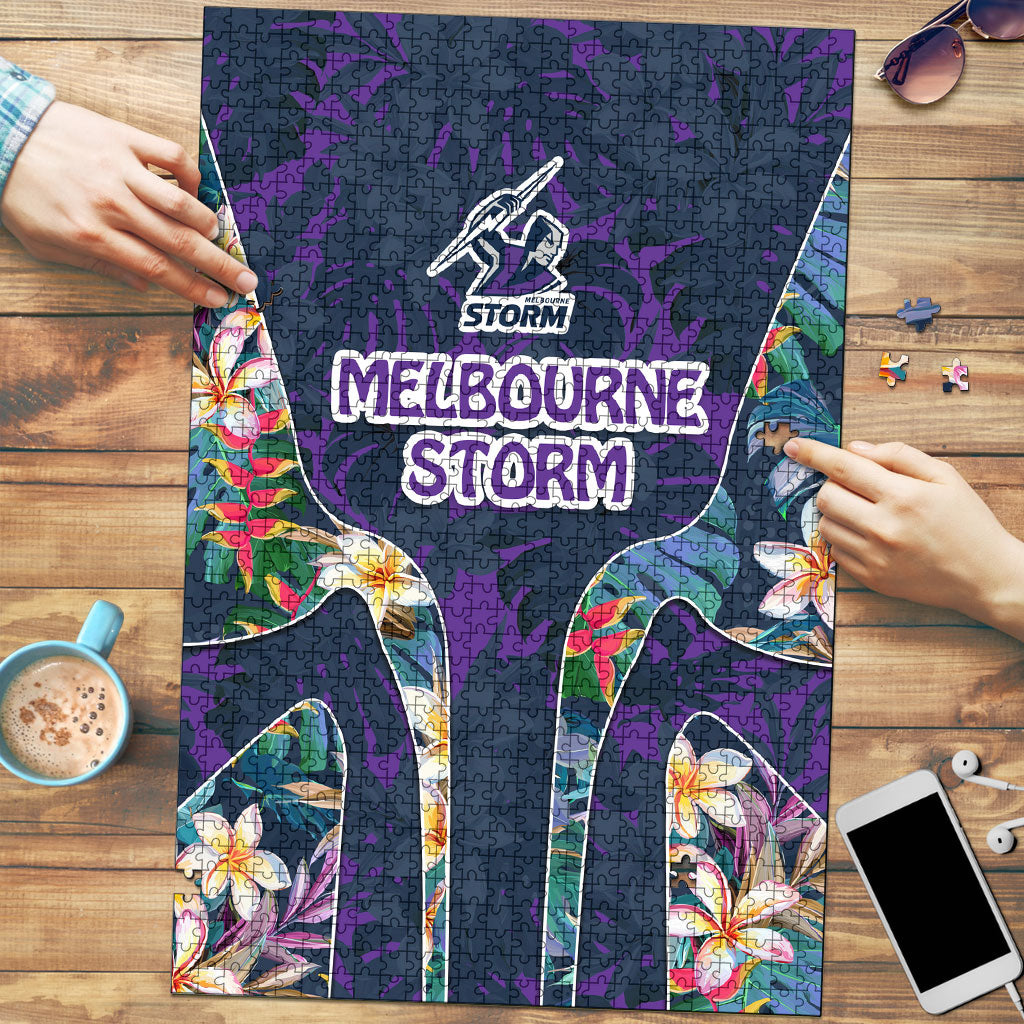 Melbourne Storm Puzzle Tropical Hibiscus Floral Pattern With Purple And Blue Accents