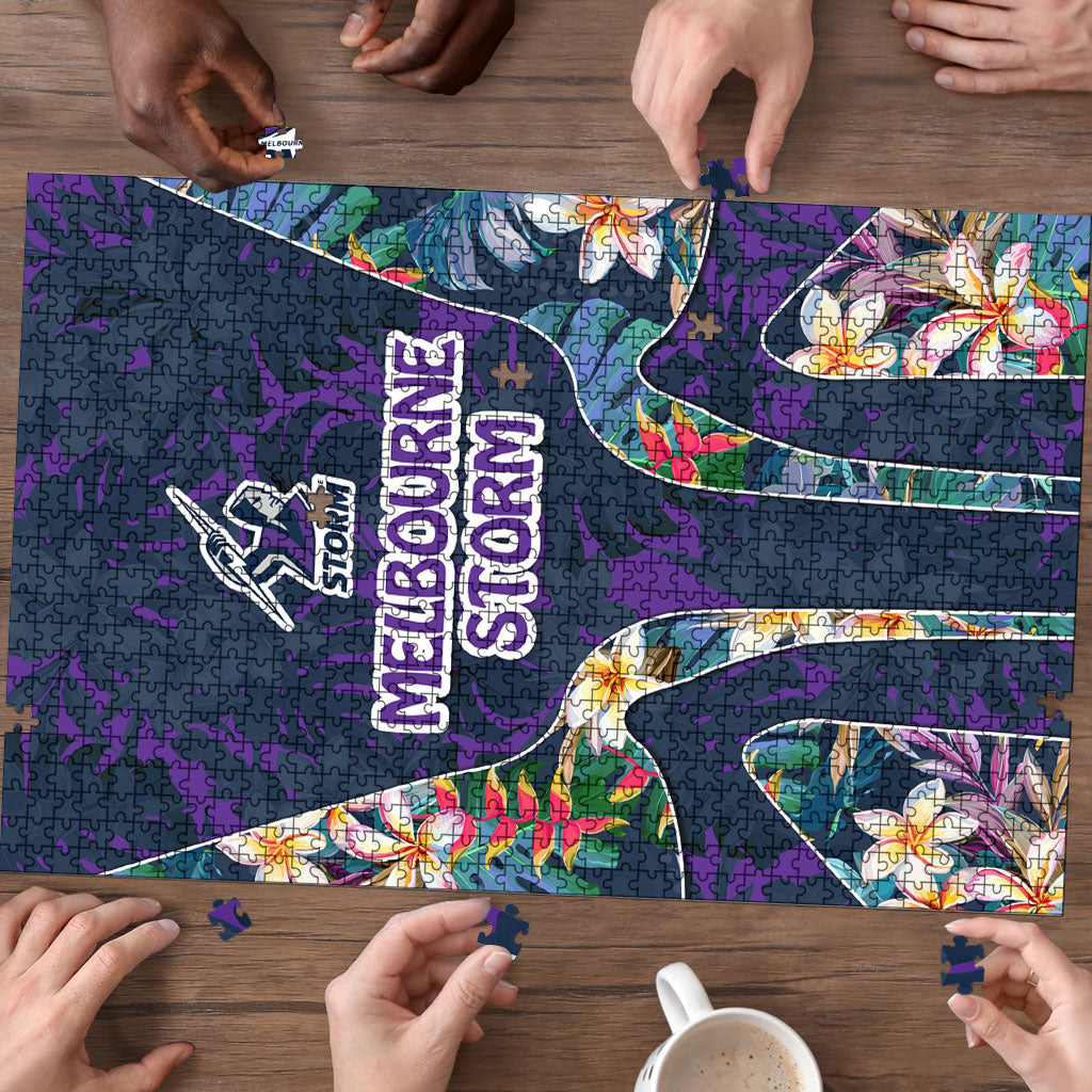 Melbourne Storm Puzzle Tropical Hibiscus Floral Pattern With Purple And Blue Accents