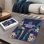 Melbourne Storm Puzzle Tropical Hibiscus Floral Pattern With Purple And Blue Accents