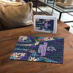 Melbourne Storm Puzzle Tropical Hibiscus Floral Pattern With Purple And Blue Accents