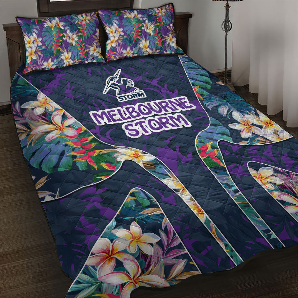 Melbourne Storm Quilt Bed Set Tropical Hibiscus Floral Pattern With Purple And Blue Accents