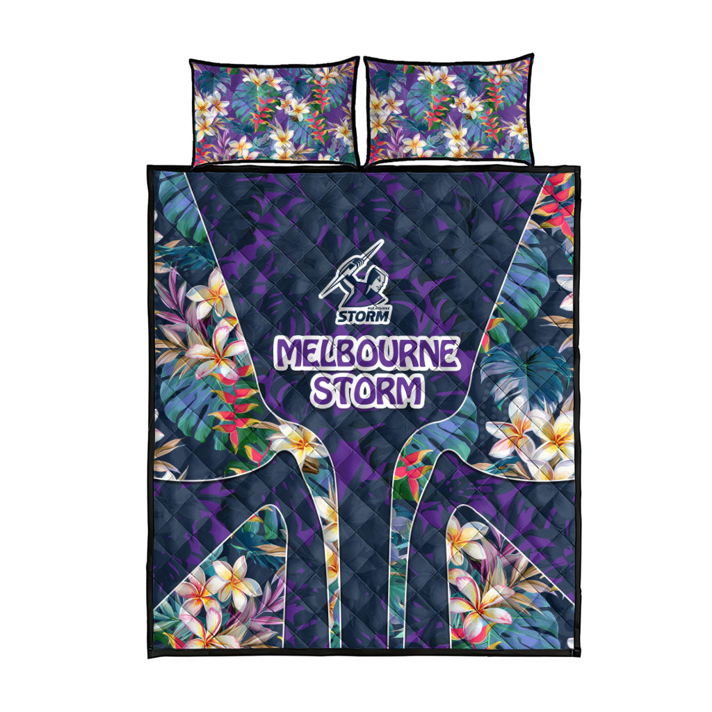 Melbourne Storm Quilt Bed Set Tropical Hibiscus Floral Pattern With Purple And Blue Accents
