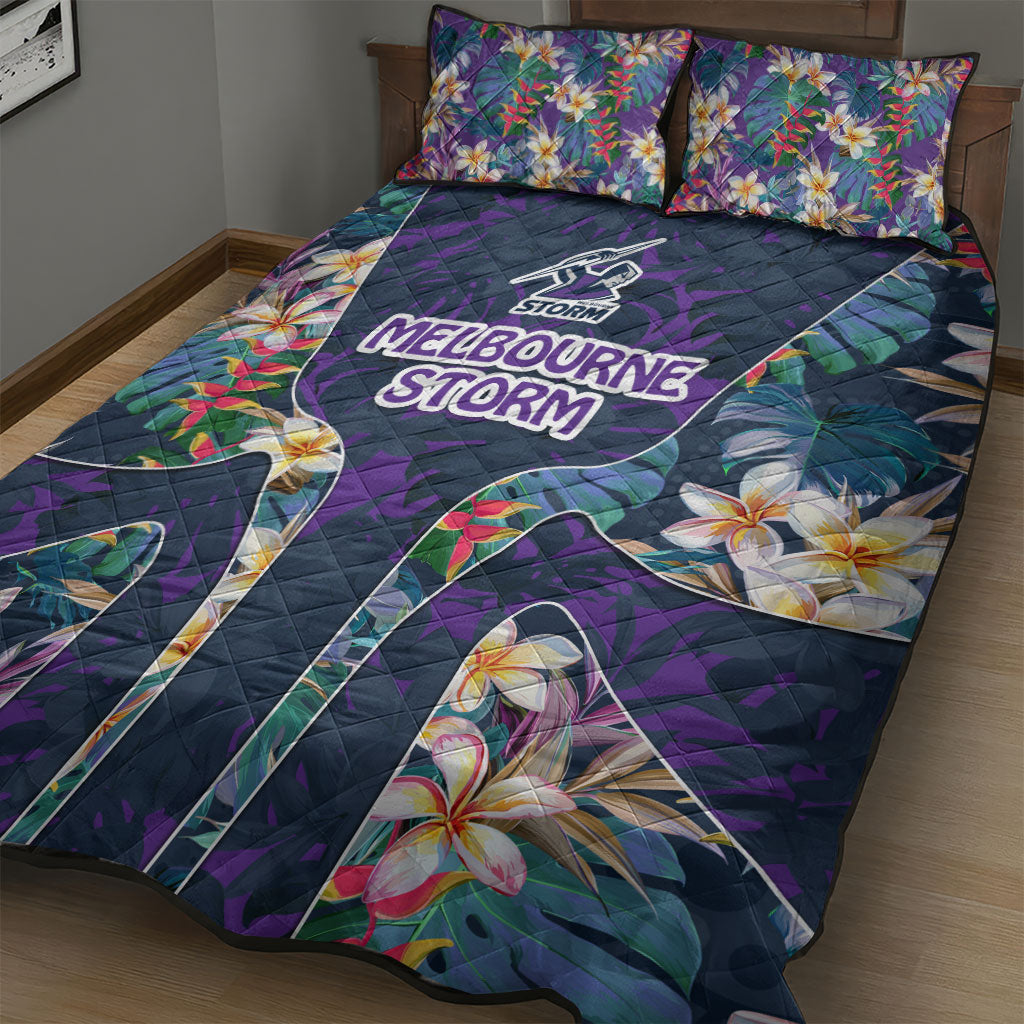 Melbourne Storm Quilt Bed Set Tropical Hibiscus Floral Pattern With Purple And Blue Accents