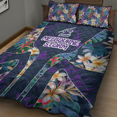 Melbourne Storm Quilt Bed Set Tropical Hibiscus Floral Pattern With Purple And Blue Accents