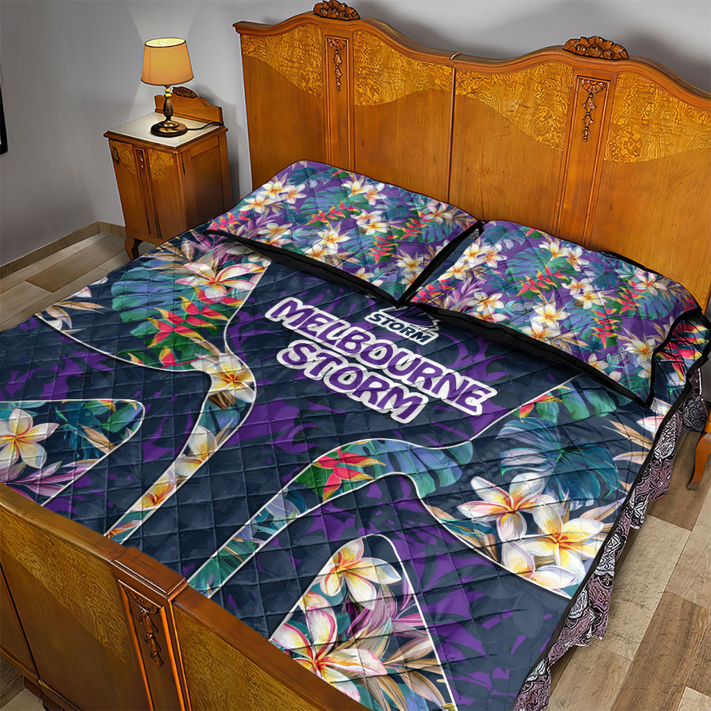 Melbourne Storm Quilt Bed Set Tropical Hibiscus Floral Pattern With Purple And Blue Accents