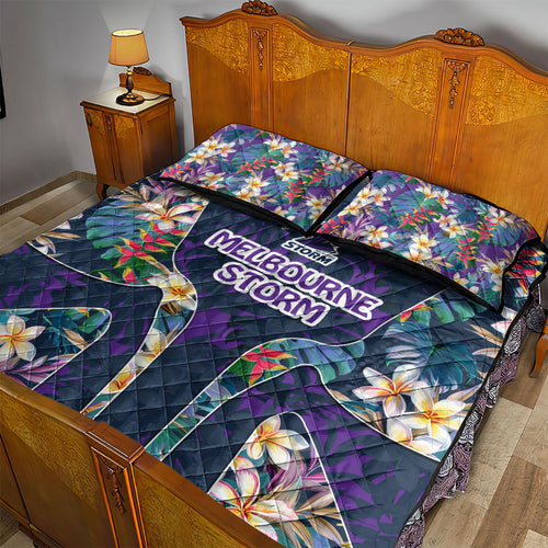 Melbourne Storm Quilt Bed Set Tropical Hibiscus Floral Pattern With Purple And Blue Accents