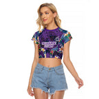 Melbourne Storm Raglan Cropped T Shirt Tropical Hibiscus Floral Pattern With Purple And Blue Accents