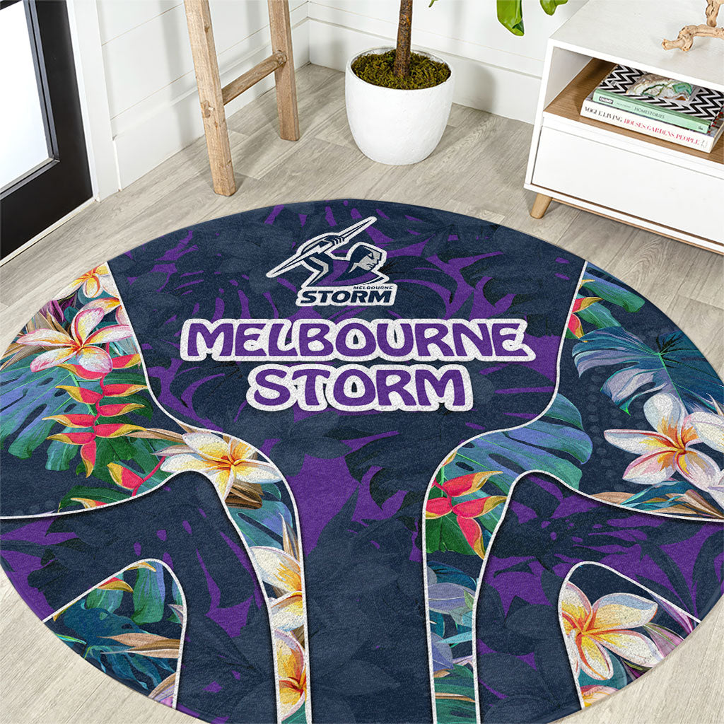 Melbourne Storm Round Carpet Tropical Hibiscus Floral Pattern With Purple And Blue Accents