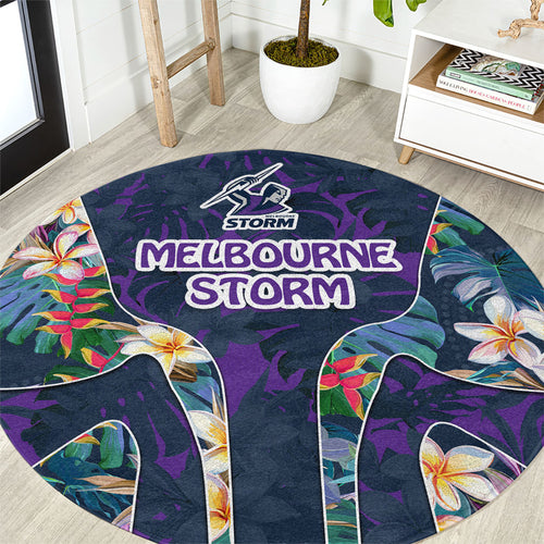 Melbourne Storm Round Carpet Tropical Hibiscus Floral Pattern With Purple And Blue Accents