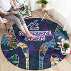Melbourne Storm Round Carpet Tropical Hibiscus Floral Pattern With Purple And Blue Accents